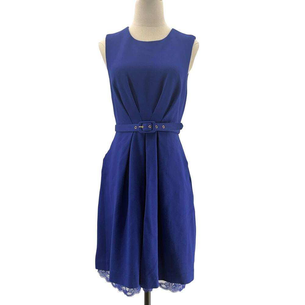 Trina Turk Blue A-Line Dress Belted Lace Hem Pockets Women's 6